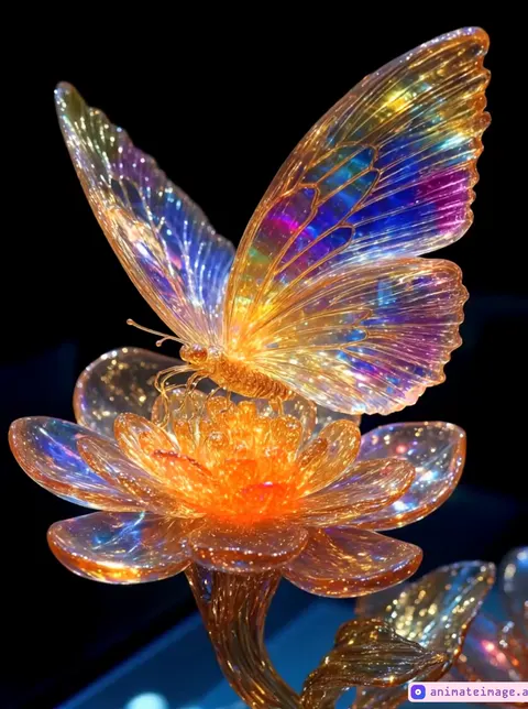 A delicate butterfly made entirely of colored crystals is standing on a flower made of glass. The butterfly's wings moves gently, creating beautiful reflexes.