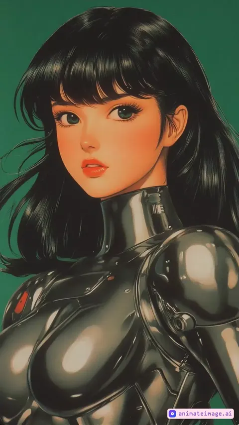 the camera rotates around the subject,a vintage movie poster of a classic anime with a beautiful serene woman with only a skin tight metal suit