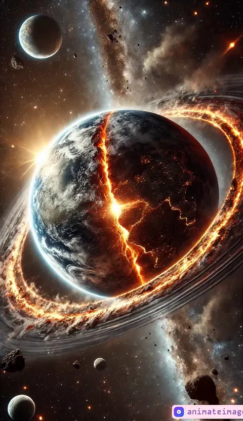 planetary ring rotates, and the crack in the centre of earth spills out sizzling lava