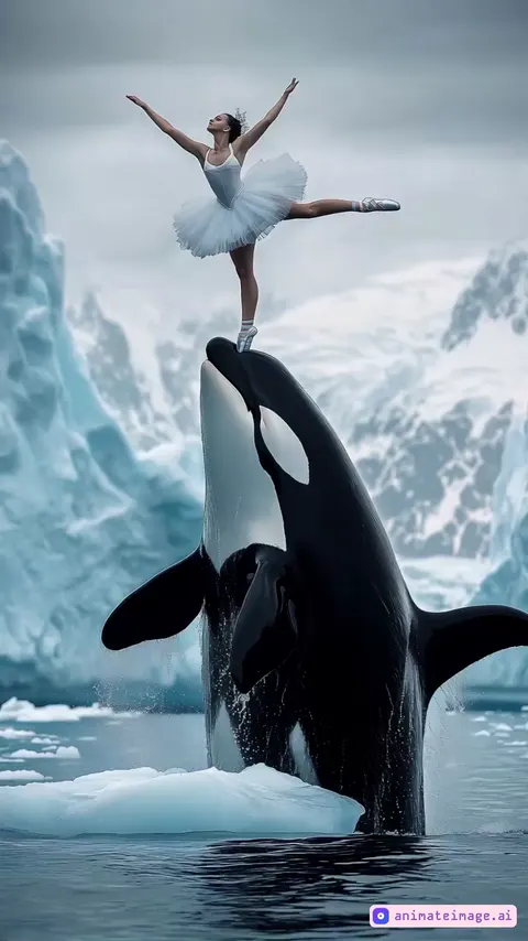 A breathtaking animation depicting a graceful ballerina in a delicate white tutu standing on the back of a majestic orca, the orca rises up from the sparkling ocean. The ballerina performs a slow, flowing pirouette, her arms gracefully outstretched, she balances with perfect composure. The whale's huge body glistens in the soft sunlight, with water droplets flying around it. The surface of the ocean reflects the golden hues of the sky at sunset. In the background is the tranquil horizon, creating a serene yet awe-inspiring atmosphere. The scene is both magical and surreal, with a sense of slowed down elegance, camera zoom out