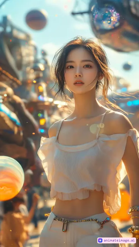 A women raise up her arm holding a gun, stands in a futuristic city with robots around her. the camera zooms out