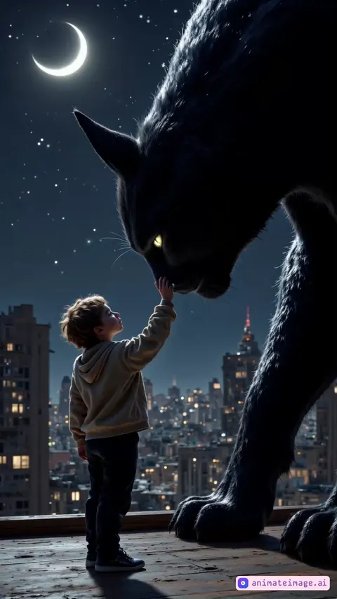 A serene night sky with a crescent moon and twinkling stars. The cityscape in the background is lit with soft, warm lights. A child in a hoodie stands on a rooftop, facing an enormous black cat with glowing eyes. Begin with a pan up from the city to reveal them. The child looks up in awe, then raises a hand to pet the cat. The cat blinks slowly, its tail sways gently. The child's hand touches the cat's nose, then pets its cheek. The child smiles with wonder, the cat's eyes soften. Stars twinkle, city lights flicker. End with a pull-back shot, then fade to black. Include ambient city sounds, cat purring, rustling clothes, and a whimsical score.