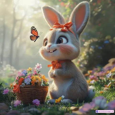 A bunny in a clearing collects flowers in a basket, and butterflies fly around