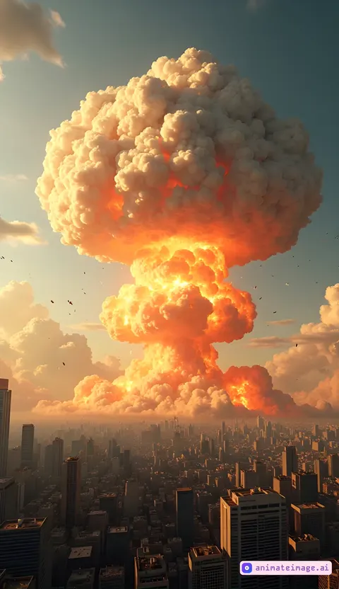 Perfectly animates this massive atomic explosion in a large city, we see the shock wave and the flames destroy all. The camera shaking a bit when the blast come to us,