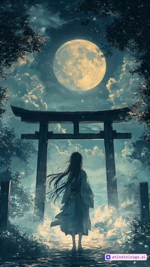 A serene anime scene of a young woman with long, flowing hair, wearing a traditional kimono, standing under a torii gate with a full moon in the background. The art style is detailed and evocative, with soft colors and a peaceful atmosphere.the camera follows the subject moving