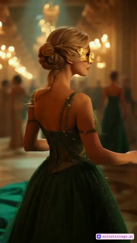A stunning blonde woman with a delicate golden mask and an emerald green gown stands gracefully in a grand ballroom, illuminated by soft candlelight. She elegantly turns her head to the side, as if sensing someone’s gaze, while her golden mask catches the warm glow. Her movements are smooth and fluid, with no unnatural distortions. The fabric of her gown sways gently as she takes a subtle step forward. The background is slightly blurred, showing refined ball guests moving in elegant, slow dances, but they remain in the distance to avoid unwanted details. The scene maintains a cinematic, dreamy effect, with warm golden lights enhancing the royal atmosphere.The woman has only two arms, and all body proportions remain natural.