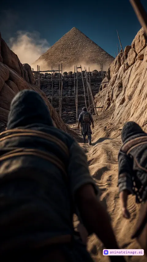 handheld device filming,a first person view gopro style of a pyramids builders walk to work to build the pyrimads in Ancient Egypt, 1300 BCE.