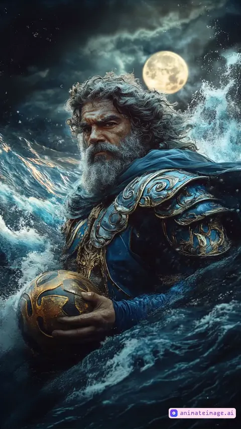 A breathtaking cinematic sequence featuring Diego Maradona as Poseidon, the God of the Sea, emerging from a raging ocean under the full moon. His ornate blue and gold armor glistens with seawater, waves crashing around him as divine energy pulses through the storm.The camera starts wide, revealing the endless ocean and towering waves, then slowly zooms in as Maradona strides forward, his piercing gaze locking onto the camera. His flowing beard and wild hair move with the ocean breeze, while lightning flickers across the stormy sky.In his hand, he grips a golden trident infused with the power of the seas, while a mystical water sphere swirls with celestial energy. As he takes another step, the waves rise with him, forming a colossal wall of water, embodying his command over the ocean.As the camera closes in, the sea erupts into a divine explosion, sending ripples across the world. The scene fades into the deep blue abyss, freezing Maradona as the eternal Lord of the Seas.