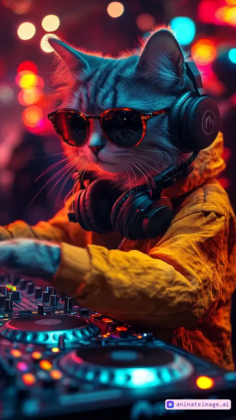 A Cat DJ mixes music in a disco in a crazy atmosphere.