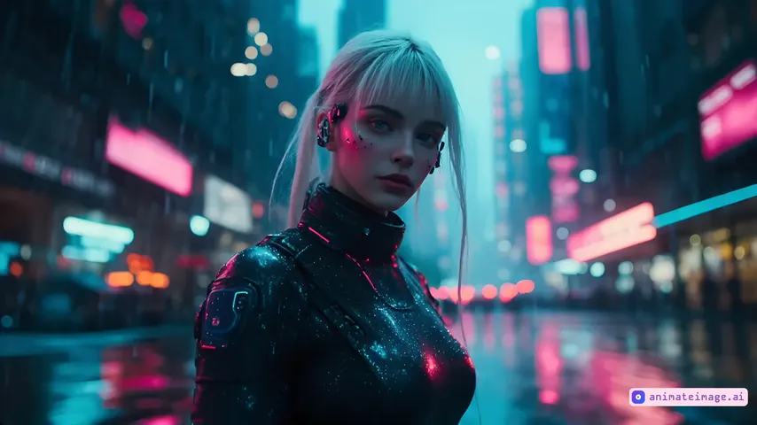 Cinematic 4K video of a young woman with pale skin, cybernetic implants at her temples, and glowing blue eyes, walking slowly down a rain-slicked street in a neon-drenched cyberpunk city. She is wearing a sleek black bodysuit with glowing neon accents. Her movements are fluid but weary, her expression thoughtful and detached. The towering skyscrapers are covered in flickering holographic advertisements, while flying vehicles zip past through the rainy sky. The camera uses a slow, tracking follow, keeping her centered as it tilts upwards to reveal the scale of the futuristic cityscape. Mysterious, technological, melancholic, cyberpunk realism.the camera follows the subject moving