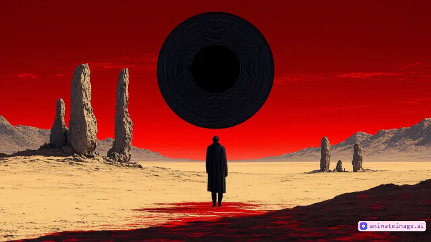 Man walks toward a black hole as shadows race across