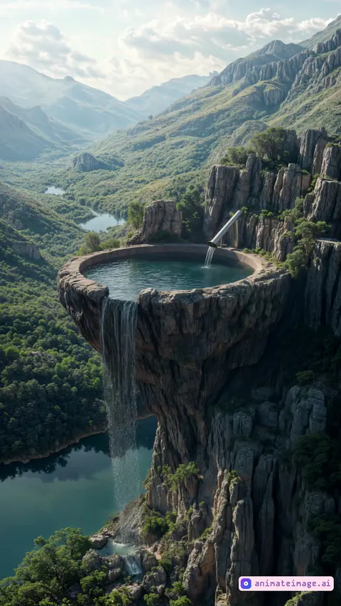 Create a scene where a gargantuan, titanic bathtub is slowly filling with water. The water cascades from a massive faucet, spilling over the edges of the bathtub and falling dramatically like a waterfall. The water flows down the rocky surface surrounding the bathtub, crashing into the water below. The setting is a stunning mountainous landscape, with clear skies and a peaceful atmosphere. The video should focus on the gradual filling of the bathtub, followed by the mesmerizing flow of water as it overflows and creates a waterfall. Ensure smooth transitions, realistic water movement