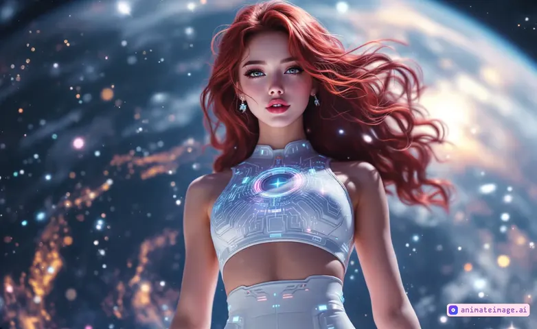 "The camera slowly approaches the spacegirl, who begins to smile as her hair gently moves."