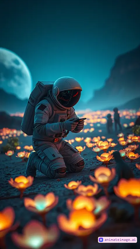 this astronaut moves hand forward trying to catch this small people. A cinematic camera follows his moves slowly.