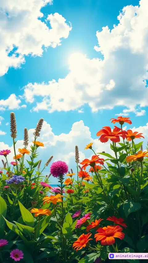 I wanted to create a beautiful video that combines these two images with a smooth and natural transition effect. The first image shows a scene of colorful flowers under a bright blue sky with white clouds. The second image shows a woman enjoying the beauty of the flowers. I wanted the video to have a romantic and peaceful feel, with soft and natural lighting. Use animation effects such as slow camera movements, focusing on the details of the flowers and the woman's facial expressions, and a harmonious background. Also add natural sounds such as birds chirping and the wind blowing to enhance the atmosphere. The end result should look like a scene from a romantic movie or a luxury perfume advertisement."