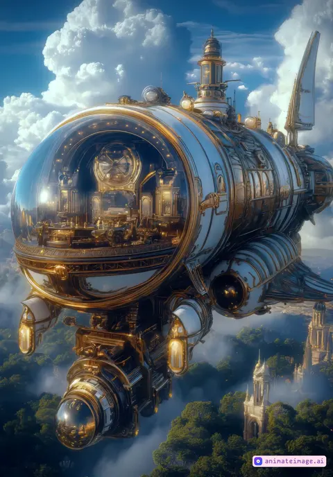 A steampunk airship decorated with golden patterns flies forward. The camera zooms out and slowly pans counterclockwise.