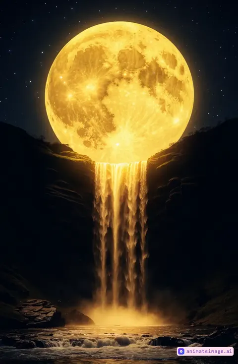 The moon melts into liquid, shimmering under the starry sky, glowing craters drip slowly into the ocean below, surreal and dreamlike, the camera slowly zooms out.