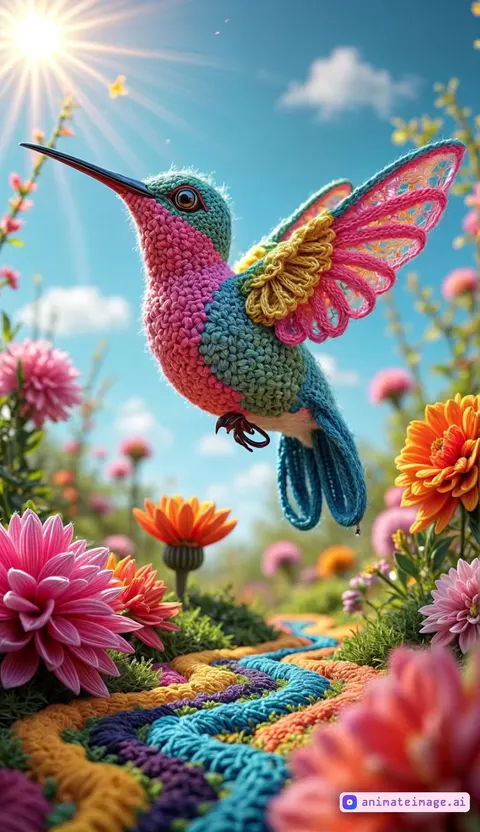 Animate the yarn-crafted hummingbird with **hyper-fast, fluid wingbeats** mimicking the rapid, precise motion of a real hummingbird. Emphasize seamless, blurred motion in its crocheted wings, creating a hypnotic vibration as it hovers mid-air. The wings arc in figure-eight patterns, their lace-like yarn texture slightly translucent to show fleeting light refraction. As the bird darts between flowers, its body tilts dynamically, while the plush yarn torso remains stable, contrasting the frenetic wing movement. Zoom in to capture the **micro-details**: individual threads fraying from the wings’ edges, wool fibers trembling with kinetic energy, and metallic threads sparking under sharp sunlight. Sync the environment’s motion to the bird’s rhythm—pom-pom blooms quivering when probed, yarn grass bending in wind gusts from wingbeats, and floating dust particles swirling in vortex trails. Render in silky-smooth 60fps for lifelike fluidity, maintaining the tactile yarn aesthetic.