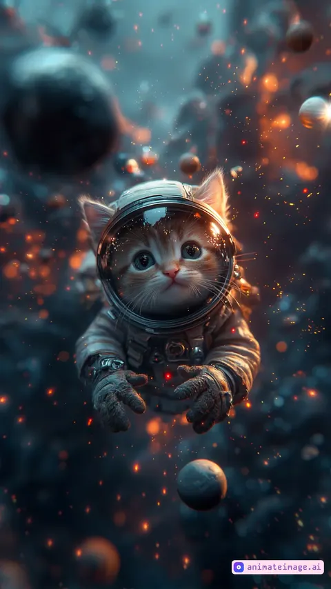 Adorable fluffy kitten in a tiny spacesuit with a transparent helmet, floating in space, surrounded by glowing stars and small planets, dreamy expression on its face, kitten gently wiggles its paws, stars softly twinkling, planets slowly rotating, vibrant cosmic colors, cinematic lighting, highly detailed, --motion gentle 