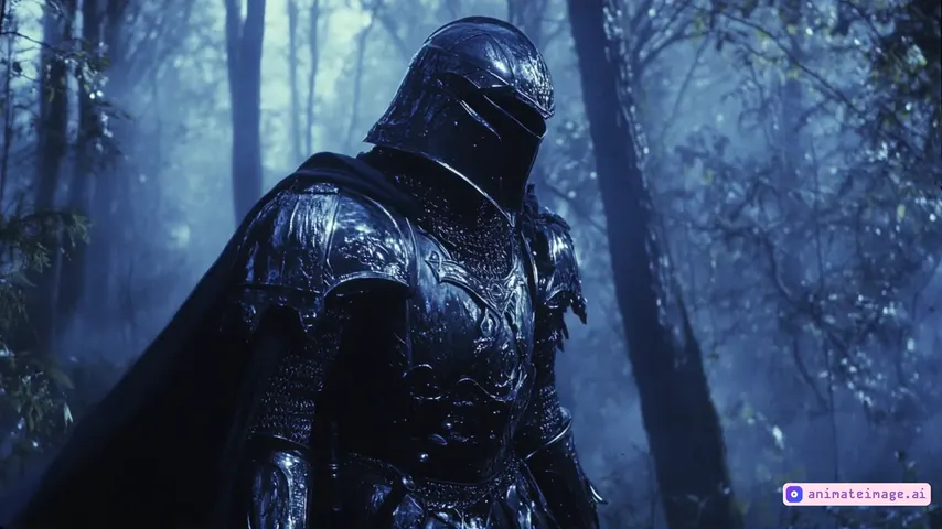 A dark knight clad in massive, intricately detailed black armor walks slowly through a fog-covered, eerie forest. His tattered cape sways slightly in the wind, adding to the dramatic atmosphere. The moonlight casts a cold blue glow through the twisted branches, creating a mystical yet ominous setting. The camera keeps the knight centered, following his movements to enhance immersion. The scene embodies a dark fantasy aesthetic with a cinematic, hyper-realistic style—sharp details on the armor, atmospheric lighting, and a deep sense of mystery
