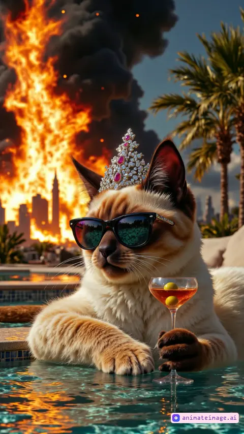 "Animate the following scene: A tabby cat with orange and white fur, wearing sunglasses and a jeweled crown, is lounging in a pool with its front paws resting on the tiled edge. The cat holds a martini glass with an olive, sipping the drink slowly and casually, its sunglasses reflecting the fiery glow behind it. In the background, a massive fire burns intensely with bright orange and yellow flames, flickering and growing, while dark smoke billows into the sky alongside palm trees and a distant city skyline. The water in the pool ripples gently, reflecting the fire's glow, and the cat's tail swishes lazily in the water. The flames crackle and dance, casting dynamic light across the scene. Use a steady camera angle that focuses on the cat's relaxed drinking motion while capturing the rising intensity of the fire in the background. Maintain the original color scheme and details of the image