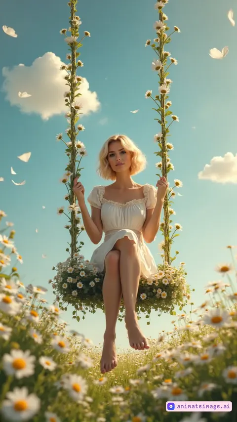 a woman rides on a swing made of daisies, flower petals fly. in the background is the sky and floating clouds
