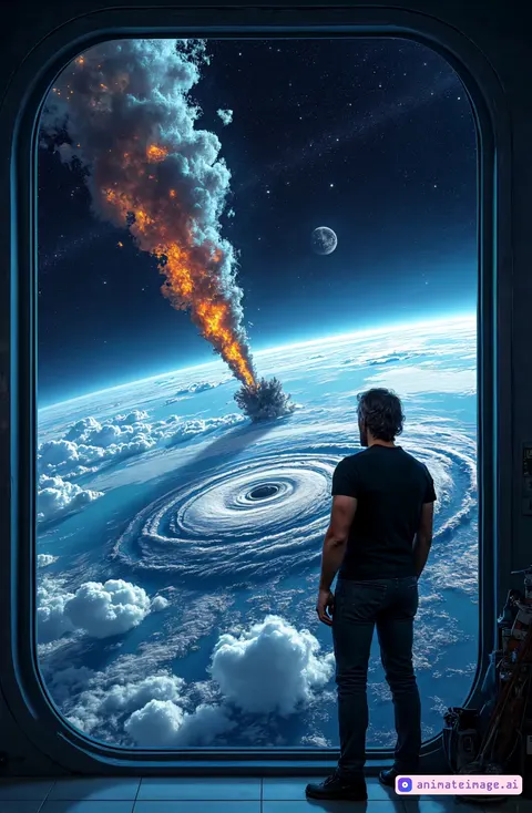 slow motion big impact of a meteor on the earth causes an explosion and a expansive destruction over the earth surface visible while the camera zooms in slowly