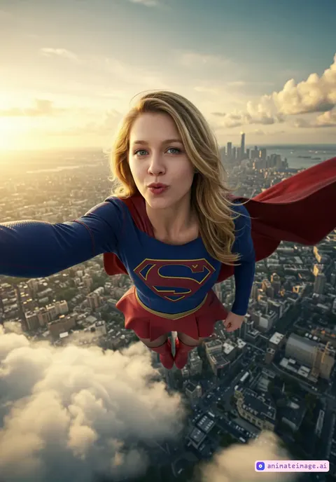 Supergirl spins while holding a selfie camera, skyscrapers gently rotating in the background, radiant smile and hair flowing, the camera follows her circular motion.