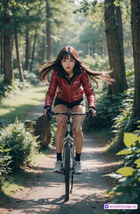 Masterpiece, 1woman, canon r8 camera with legs cycling in the forest , A young woman cycles forward through a sunlit forest, golden sunlight filters through fluttering leaves as branches sway gently in the breeze, capturing an advertisement-like aesthetic with vibrant energy and dynamic motion, the camera follows alongside.