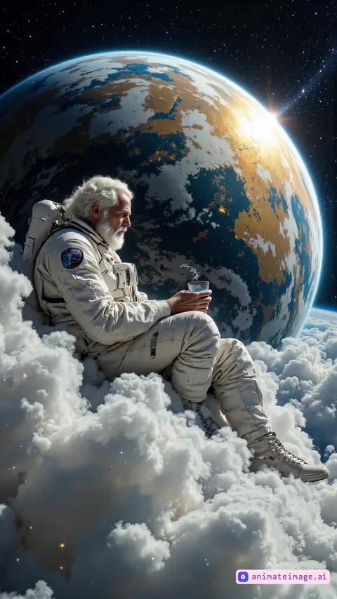 Animate an elderly astronaut in a spacesuit sitting on a cloud in space, sipping coffee with steam rising. The Earth rotates slowly in the background, showing continents and oceans, while surrounding clouds drift gently. Stars twinkle in the dark space. Use a smooth zoom-out camera angle to capture the astronaut, rotating Earth, and moving clouds. Keep the original colors and details