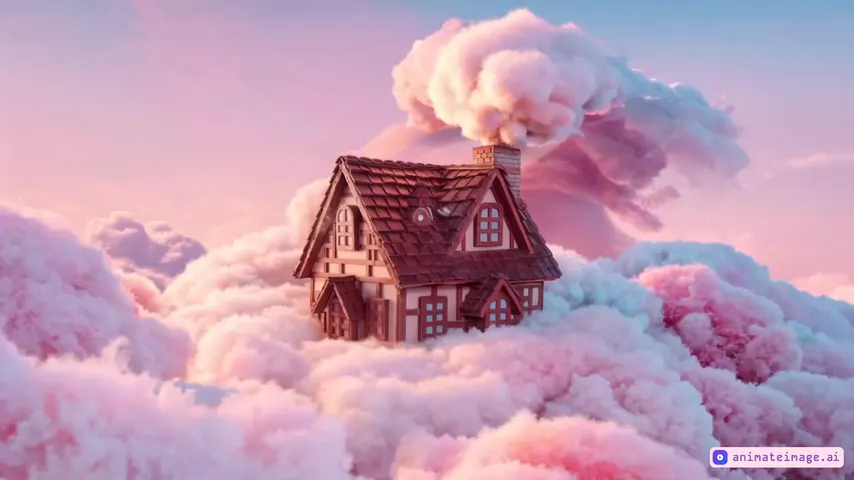 A magical gingerbread house with candy decorations, surrounded by fluffy moving clouds in the sky, warm glowing light, vanilla smoke from the chimney, cinematic 8K, fantasy style, smooth animation, trending on ArtStation