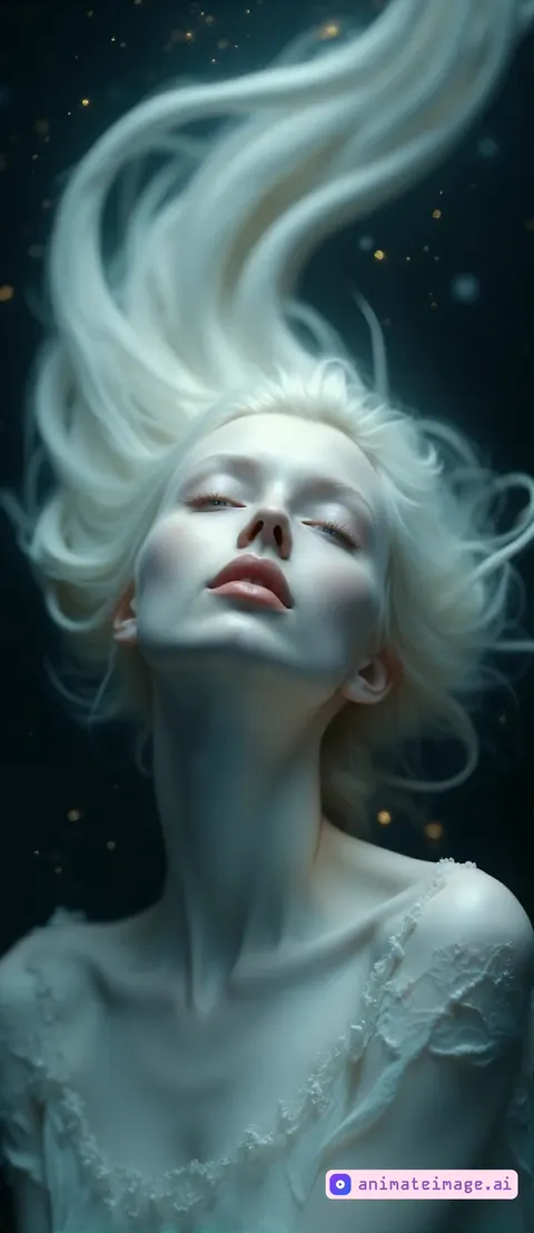 This hypnotic 8K UHD absolutely breathtaking visual masterpiece captures a gorgeous, stunning supermodel-like celestial albino woman with porcelain-like flawless skin, in a trance-like state, floating in eternal silence. Her angelic face, flawless & luminous, is tilted upward with eyes in hypnotic gaze directly at the viewer. Her expression is one of peaceful transcendence and allure, as if she has surrendered to a cosmic lullaby. Her delicate lips are gently parted, skin glowing like polished marble beneath soft celestial light. Extraordinarily long Flowing tendrils of hair, ultra-fine & spectral, spiral gracefully outward in all directions, as if caught in a timeless vortex. Each strand is intricately detailed, curling like smoke trails in zero gravity, blending seamlessly into the void. Her neck elongates like a sculpture of divine elegance, disappearing into inky blackness that envelops her. Faint, misty particles glimmer in the background like distant stars or cosmic dust, adding layers of depth & mystery. Her facial shadows & highlights are masterfully sculpted to evoke emotion, timelessness & vulnerability. There's an almost religious stillness to her presence, yet the scene evokes enigma & allure, as if she exists outside time. A surreal dance of light & darkness surrounds her, drawing the viewer into a trance. Rendered with maximum detail,