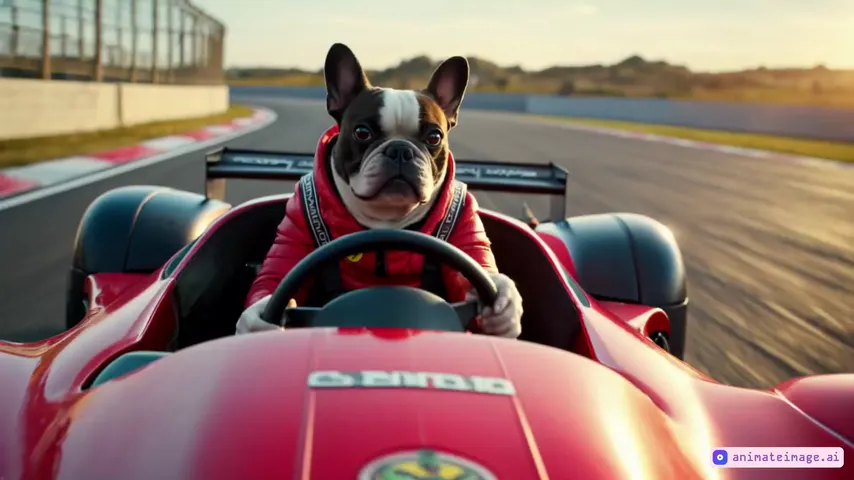 A hyper-realistic, high-intensity cinematic scene of Siena in her Ferrari, racing down the track. The car roars with power as it speeds through the curves and straights of the track. Siena's focus is unshakable, her hands firmly gripping the steering wheel, her eyes locked on the road ahead. The camera captures the Ferrari from different angles, showcasing the precision of her driving and the fluid motion of the car as it drifts around tight corners. The track is alive with the sound of the engine, the wind, and the screech of tires. The sun is setting in the background, casting long shadows over the track and creating an intense, golden glow on the scene. Dust kicks up as the Ferrari cuts through the track, emphasizing the speed and power of the race.