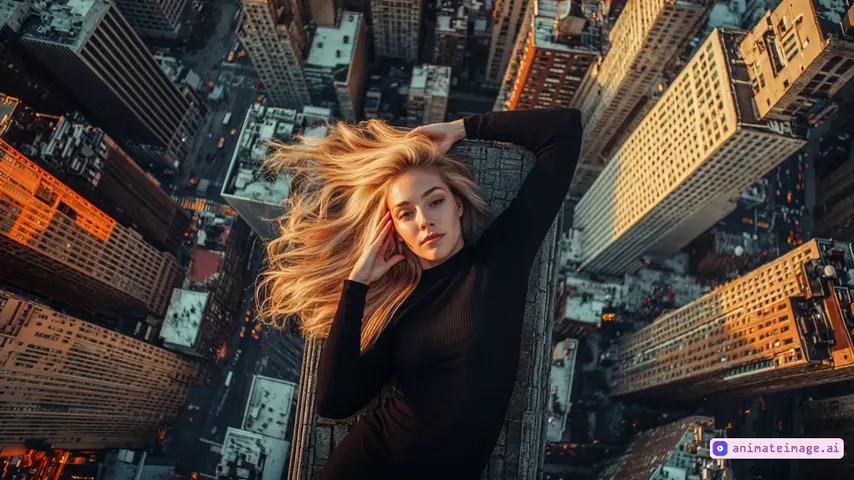 The model lies still at the edge of a skyscraper rooftop, surrounded by the city skyline below. Her expression is calm and confident. At the 2-second mark, she gives a soft, natural smile without moving her head or body. Simultaneously, the camera quickly zooms in toward her face with a smooth and cinematic motion. After the zoom-in completes, the camera begins to zoom out over the next 3 seconds while rotating 360 degrees around her head and upper body. Her hair subtly flows with the ambient breeze, and her expression remains steady and serene. All movement is natural and realistic, with elegant and continuous camera motion that enhances the dreamlike atmosphere. 