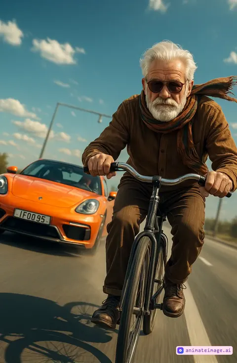 The image depicts a humorous and surreal scene on a highway. An elderly man is riding a classic bicycle, speeding down the road at an astonishing pace. His expression is one of determination, mixed with a hint of joy, while his scarf flutters wildly in the wind, emphasizing his incredible speed. Next to him, a sleek, modern sports car is visibly being overtaken. The driver, wide-eyed and astonished, glances at the speeding grandfather in disbelief. The highway scenery is blurred with motion streaks and light trails, enhancing the sense of extreme velocity. Dust and wind effects swirl around the bicycle wheels, creating an impression of a high-speed race. The sky above is bright blue with a few clouds, and modern road signs add to the dynamic urban setting.extrem funny.