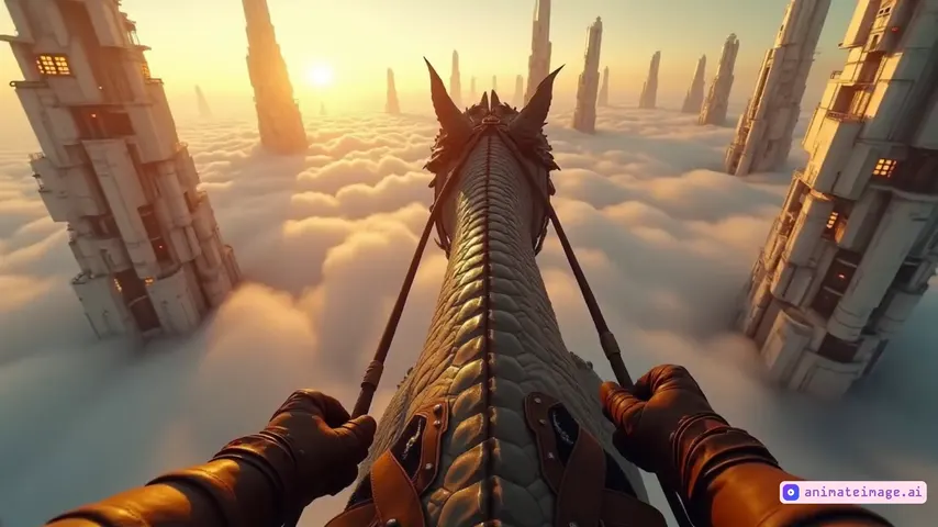 A thrilling first-person view of soaring atop a mighty dragon, weaving through towering stone spires. Its massive wings beat powerfully, slicing through the air and sending gusts spiraling outward. The leathery membranes ripple before snapping downward, propelling the creature forward. Wisps of mist swirl as the dragon banks sharply, its sinuous tail whipping past.The rider grips the dragon’s reins or rough scales, feeling its raw power. Sunlight filters through the clouds, casting a golden glow on its shimmering crimson, emerald, or iridescent blue scales. Embers flicker from its nostrils, or a faint magical aura pulses along its spine.As the dragon dives, its wings fold slightly before unfurling in a controlled descent, the wind roaring in the rider’s ears. Towers rush past, their ancient stonework cracked and moss-covered, before the dragon pulls up gracefully, wings snapping wide to catch the air. The landscape below unfolds like a painting—rolling hills, dense forests, and distant peaks drifting in the clouds. The entire scene brims with motion, light, and shadow, making the flight exhilarating and immersive.