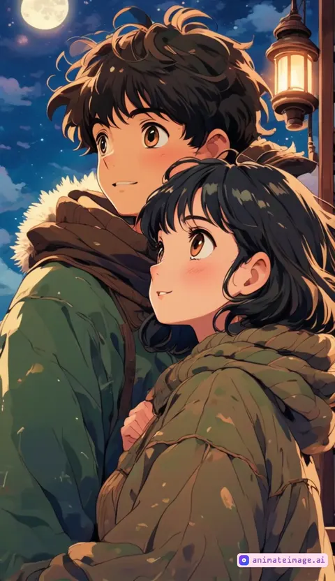 Ghibli style: the camera zooms out,A young girl and a young man looking at each other affectionately in the dusk