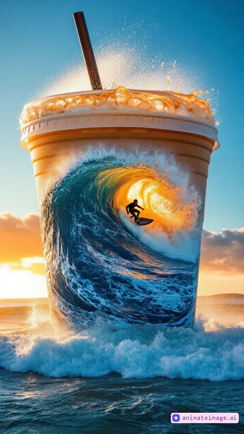 Inside a giant iced coffee cup, rough waves crash violently as a surfer rides them with exhilaration. A mysterious, magical light shines over the scene, adding an otherworldly atmosphere