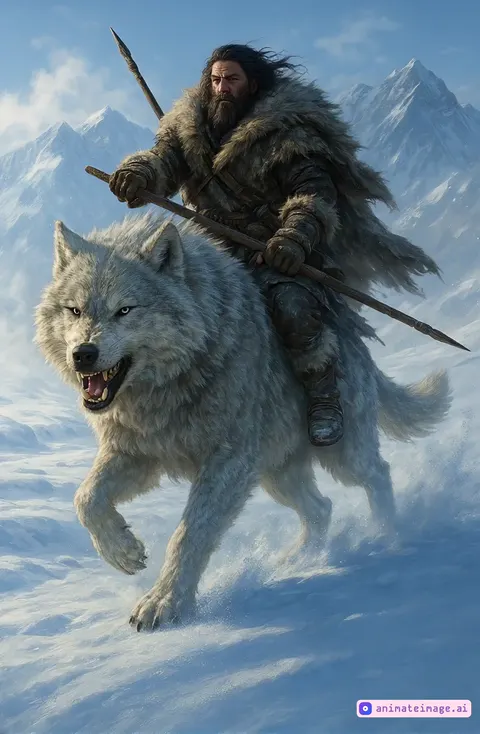 Ultra-realistic CGI of a bearded warrior wearing thick fur armor riding a massive white wolf through a snowy mountain landscape. The camera smoothly tracks alongside them in a dynamic side view as the wolf runs powerfully through deep snow, kicking up powder with every step. The warrior grips a spear, his hair and fur cloak blowing in the icy wind. Cinematic lighting, detailed snow effects, motion blur, and atmospheric depth. Epic fantasy tone.