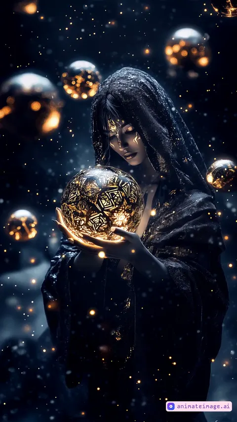 the girl raises her hands with the ball in front of her, the magic ball spins in her hands and rises above the girl's hands, a magical glow comes from the ball