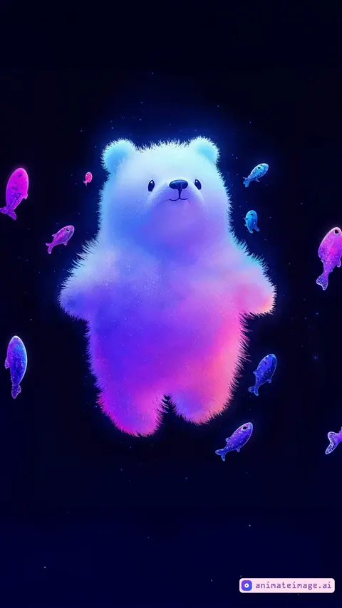 A soft, luminescent bear floats effortlessly in the vastness of space, its fluffy fur glowing in a surreal blend of neon blue, violet, and magenta hues. Tiny, bioluminescent fish-like creatures drift around it, their translucent bodies shimmering in radiant pinks and deep blues, casting a faint glow against the star-speckled void. The bear's expression remains calm and serene, as if weightless and at peace, gently suspended among the celestial bodies. The ambient light shifts subtly, reflecting off its fur, enhancing the ethereal quality of the scene. Stars twinkle in the deep cosmic background, while soft particles of light drift by, creating a dreamlike, otherworldly atmosphere.
