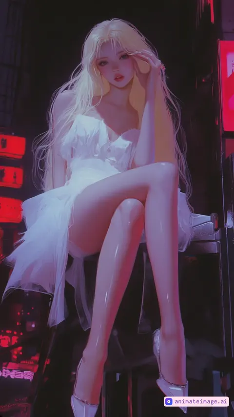hair flip,  sways her leg.
