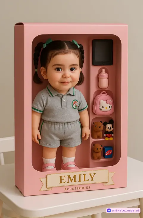 An 8-year-old girl wearing a fuchsia dress, with ash blonde hair tied with red bows and green eyes, excitedly takes a doll out of its packaging to examine it in detail. The doll has three-dimensional movement while maintaining its aesthetics and outfit. The scene captures the girl's joy as she admires the doll, with soft lighting and vibrant colors enhancing the sweetness of the moment.