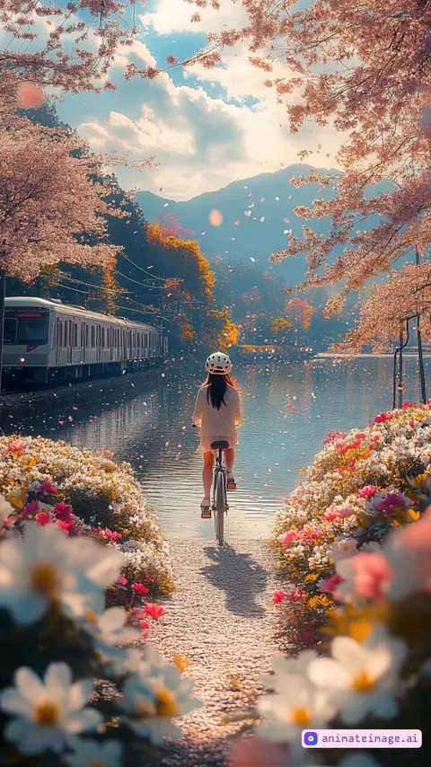 the camera follows the subject moving,사람이 자전거를 타고 산길을 부드럽게 내려갑니다. 길이 나무 사이로 구불구불 이어지며 바람이 산들거리고, 햇빛이 부드럽게 비춥니다. 카메라는 고정되어 있습니다.