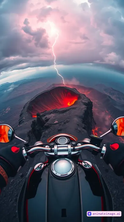 motorcycle slowly drives the path further around the volcanic caldera. 