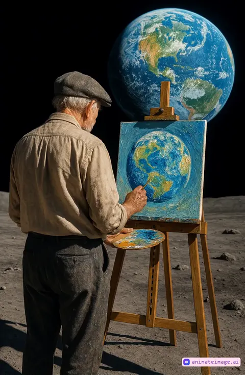 The elderly painter paints with the brush on the canvas, with the Earth in the background. The camera moves gently around the painter, slowly and smoothly.