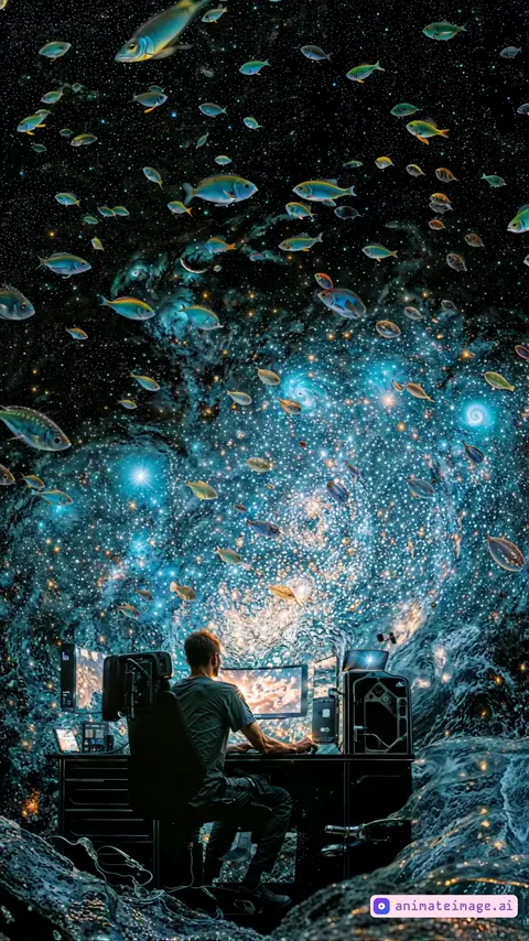 A focused man working at his desk unleashes a torrent of dreamlike universes from his screen, as glowing galaxies transform into cosmic fish swimming through a liquid starlit space, with the camera slowly pulling back to reveal the seamless fusion between his imagination and the infinite cosmos.