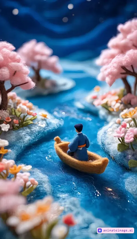 the boat floats smoothly. the water sways easily. the trees lean towards the water. The moon is rising in the sky,the camera rotates around the subject