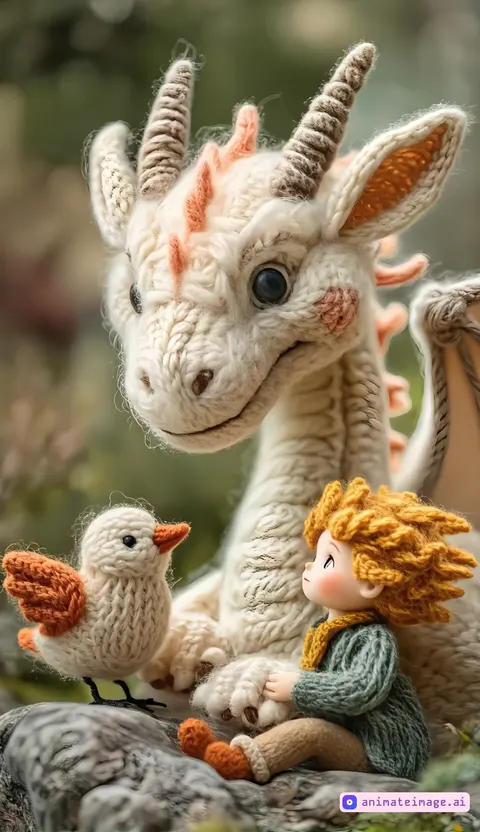 A kind knitted dragon is playing with a boy. A knitted bird is watching what is happening. The dragon flaps its wings smoothly. Transform the knitted characters from the picture into a soft, cinematic movement from a fantastic fairy tale. The camera turns to the characters, then moves away very smoothly.