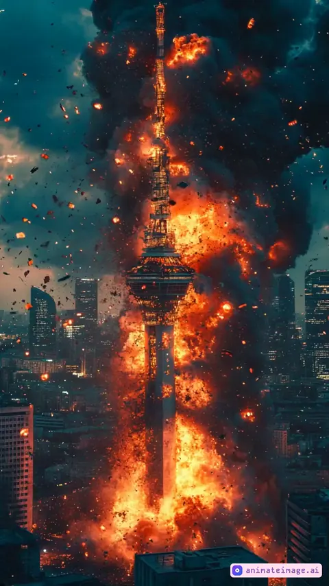 A cinematic sequence showcasing the explosion of a tall tower in the middle of a modern cityscape. The motion begins with a dramatic, rapid circular pan around the tower, emphasizing the growing flames and bursts of debris flying outward. Bright fireballs erupt from the structure, scattering glowing embers and chunks of metal into the air. The camera dynamically weaves through the flying debris, capturing the chaos in natural and realistic motion. Thick, dark smoke billows upward, curling and expanding as the explosion progresses, while smaller secondary blasts ripple through the tower. The surrounding buildings reflect the fiery glow, adding depth to the scene.